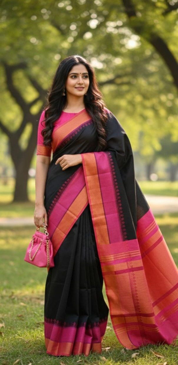 Korvai Border Silk Cotton Saree with Chit Line Pallu